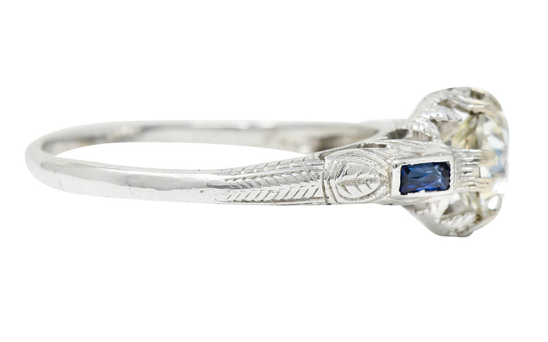 Art Deco 1.23 CTW Diamond Sapphire 14 Karat White Gold Foliate Engagement Ring GIARing - Wilson's Estate Jewelry
