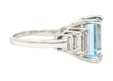 1950's 4.53 CTW Emerald Cut Aquamarine Baguette Cut Diamond Platinum Stepped Vintage Cocktail Ring Wilson's Estate Jewelry