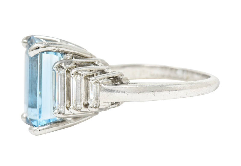 1950's 4.53 CTW Emerald Cut Aquamarine Baguette Cut Diamond Platinum Stepped Vintage Cocktail Ring Wilson's Estate Jewelry