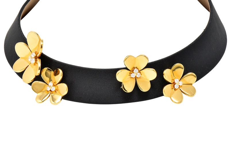 Van Cleef Arpels Diamond 18 Karat Yellow Gold Silk Leather Frivole French Clover Vintage Collar Necklace