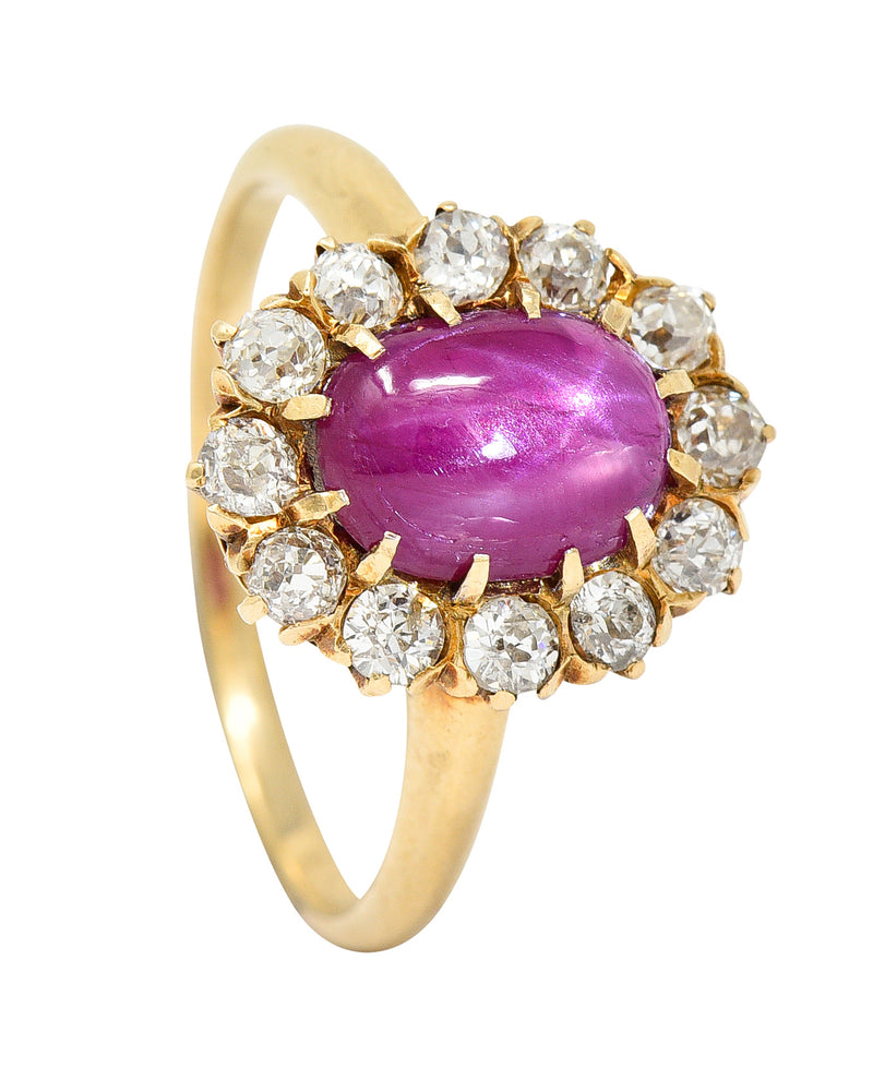1890's Victorian 2.00 CTW Star Ruby Diamond 18 Karat Yellow Gold Cluster Ring Wilson's Estate Jewelry