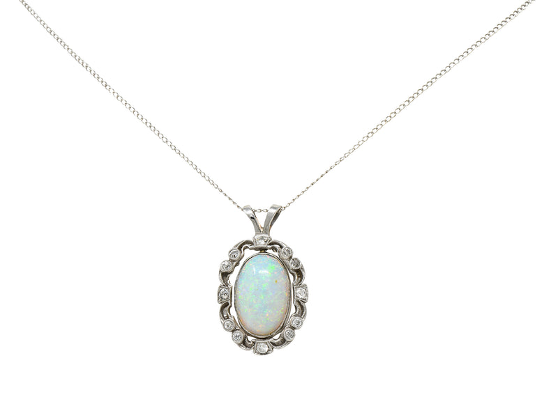 Edwardian Opal Diamond Platinum Wreath Pendant Necklace Wilson's Estate Jewelry