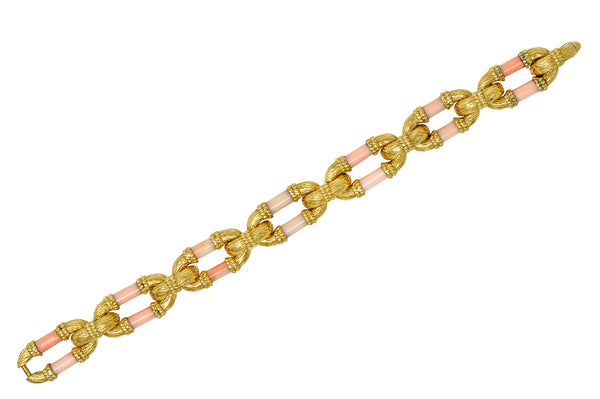 Van Cleef & Arpels French 1960's Angel Skin Coral 18 Karat Yellow Gold Textured Link Vintage Bracelet Wilson's Estate Jewelry
