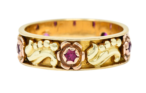 Art Nouveau Ruby 14 Karat Tri-Colored Gold Rose Band RingRing - Wilson's Estate Jewelry