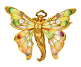 Whiteside & Blank Art Nouveau Plique-a-Jour Enamel Diamond 18 Karat Yellow Gold Fairy Brooch Wilson's Estate Jewelry