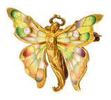 Whiteside & Blank Art Nouveau Plique-a-Jour Enamel Diamond 18 Karat Yellow Gold Fairy Brooch Wilson's Estate Jewelry