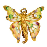 Whiteside & Blank Art Nouveau Plique-a-Jour Enamel Diamond 18 Karat Yellow Gold Fairy Brooch Wilson's Estate Jewelry