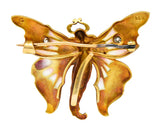 Whiteside & Blank Art Nouveau Plique-a-Jour Enamel Diamond 18 Karat Yellow Gold Fairy Brooch Wilson's Estate Jewelry