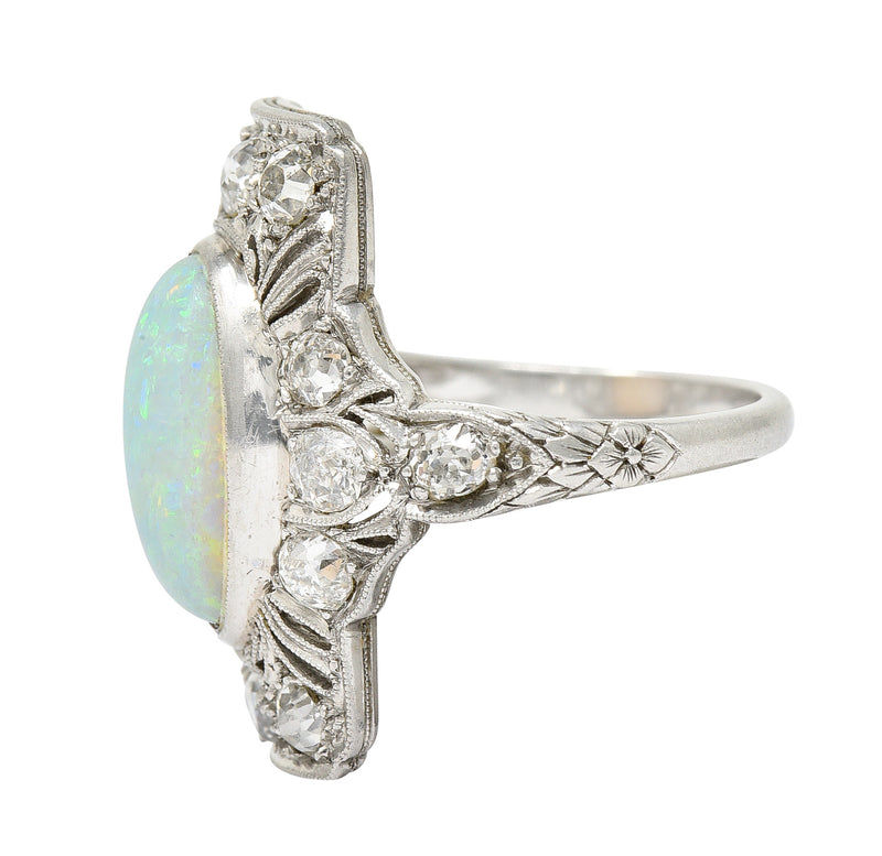 Edwardian Opal Cabochon Diamond Platinum Gemstone Dinner Ring Wilson's Estate Jewelry