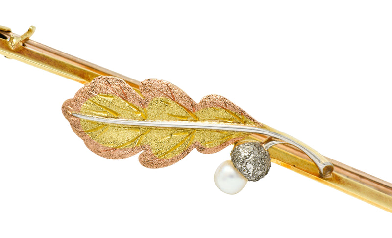 Munsey & Co. Pearl 15 Karat Tri-Colored Gold Leaf Bar BroochBrooch - Wilson's Estate Jewelry