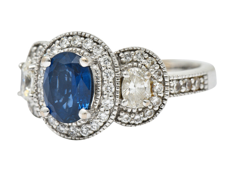 Vintage 2.70 CTW Sapphire Diamond 18 Karat White Gold Triple Cluster RingRing - Wilson's Estate Jewelry