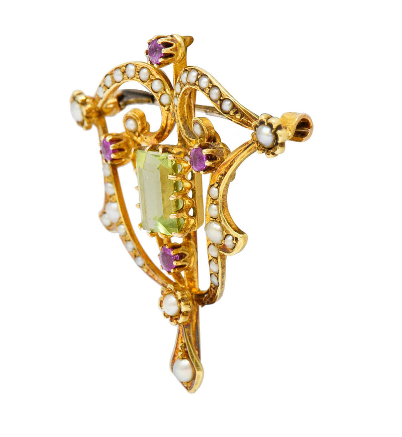 Art Nouveau 2.95 CTW Peridot Ruby Freshwater Natural Pearl 15 Karat Gold Pendant BroochBrooch - Wilson's Estate Jewelry