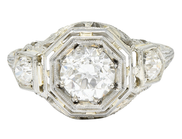 Art Deco 1.41 CTW Diamond 18 Karat White Gold Floral Engagement Ring GIA Wilson's Estate Jewelry