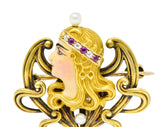 Art Nouveau Enamel Pearl Ruby Diamond 14 Karat Gold Whiplash Empress Pendant Brooch - Wilson's Estate Jewelry