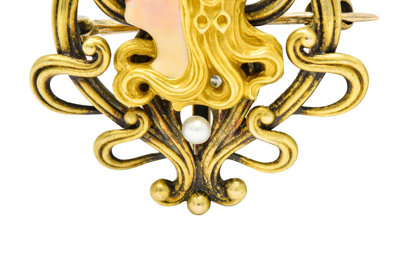Art Nouveau Enamel Pearl Ruby Diamond 14 Karat Gold Whiplash Empress Pendant Brooch - Wilson's Estate Jewelry