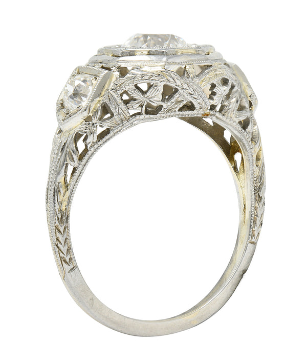 Art Deco 1.41 CTW Diamond 18 Karat White Gold Floral Engagement Ring GIA Wilson's Estate Jewelry