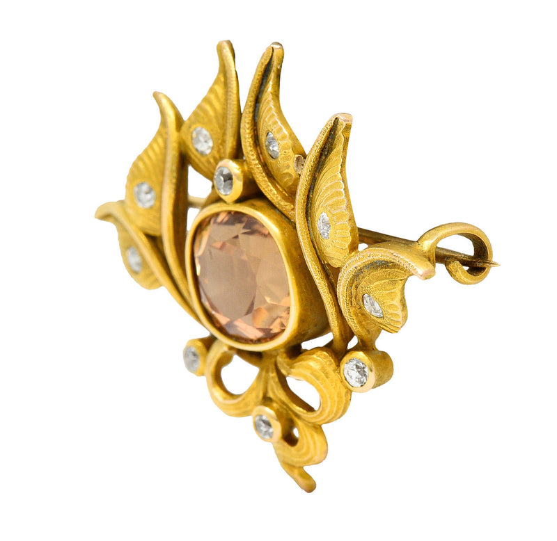Art Nouveau 5.05 CTW Imperial Topaz Diamond 14 Karat Gold Foliate BroochBrooch - Wilson's Estate Jewelry