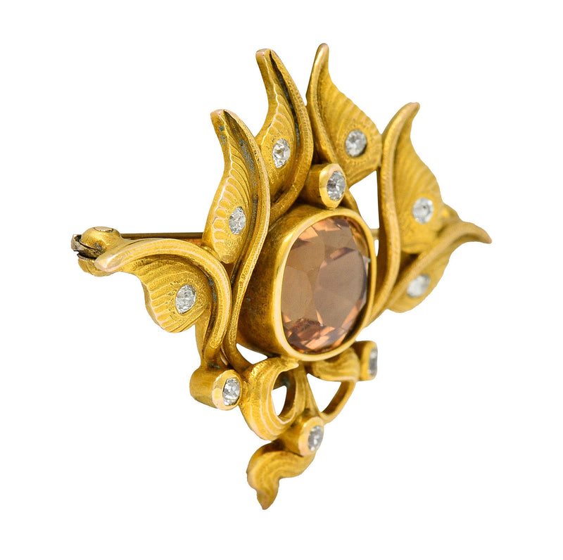 Art Nouveau 5.05 CTW Imperial Topaz Diamond 14 Karat Gold Foliate BroochBrooch - Wilson's Estate Jewelry
