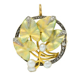 Art Nouveau Enamel Pearl Diamond Platinum-Topped 18 Karat Two-Tone Gold Ivy Broochcharm - Wilson's Estate Jewelry