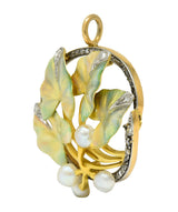 Art Nouveau Enamel Pearl Diamond Platinum-Topped 18 Karat Two-Tone Gold Ivy Broochcharm - Wilson's Estate Jewelry