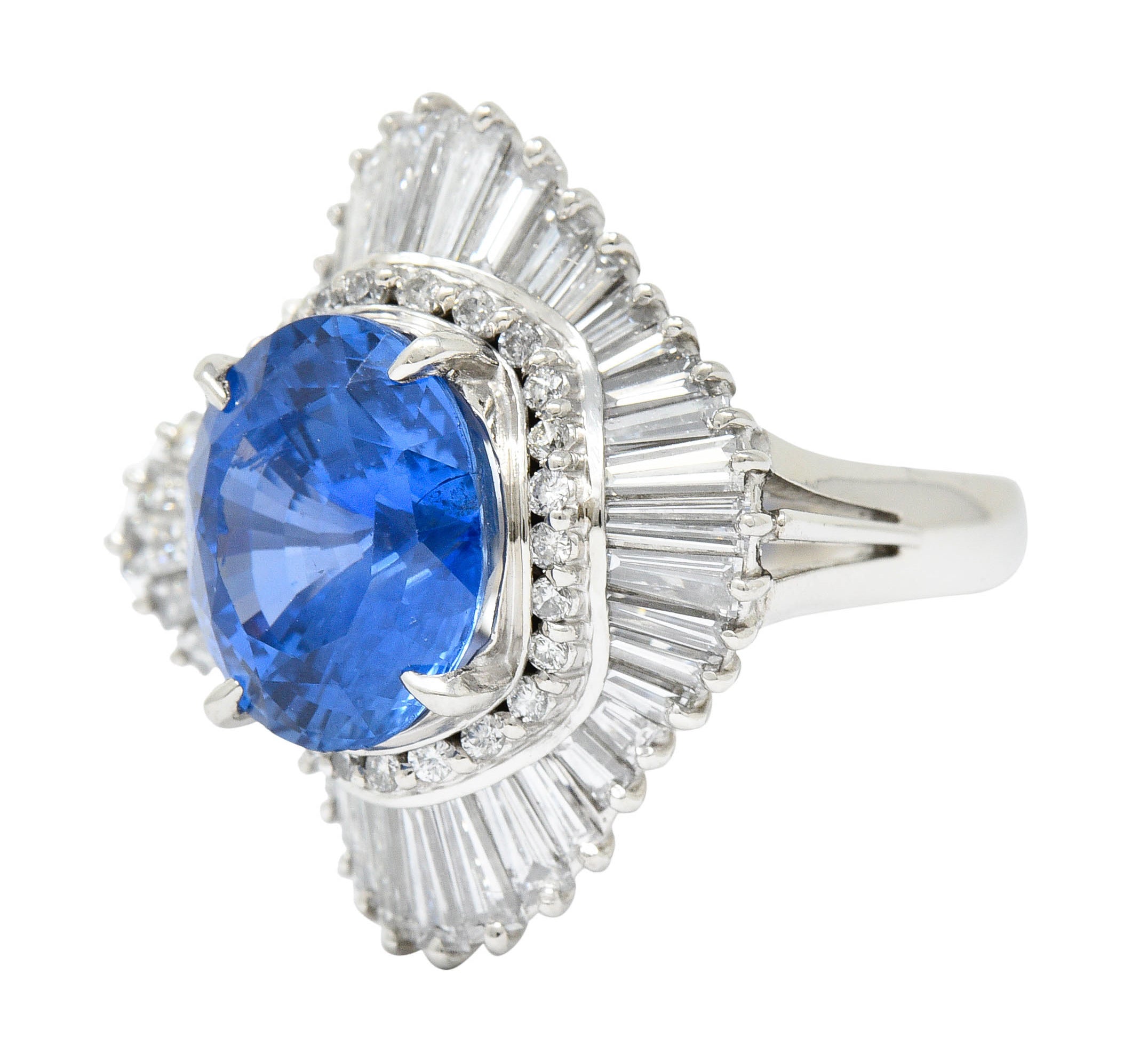 No Heat 9.59 CTW Ceylon Sapphire Diamond Platinum Ballerina Halo Ring AGLRing - Wilson's Estate Jewelry