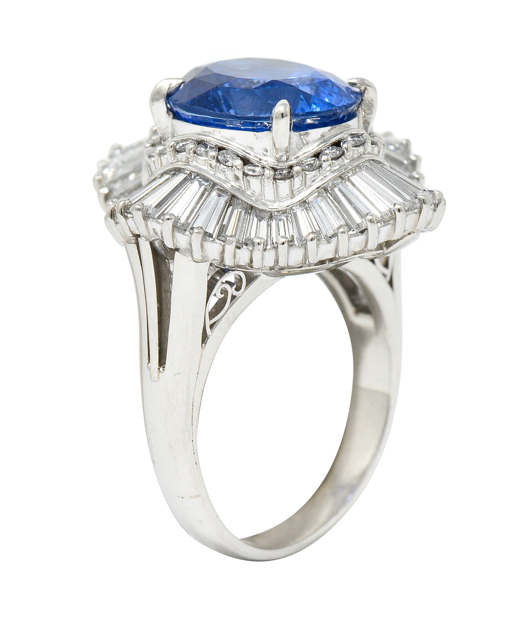 No Heat 9.59 CTW Ceylon Sapphire Diamond Platinum Ballerina Halo Ring AGLRing - Wilson's Estate Jewelry