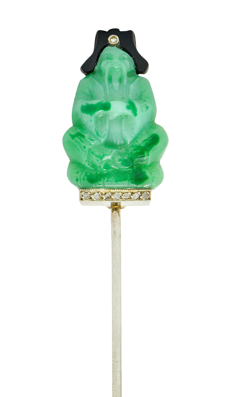 French Art Deco Jade Onyx Diamond 18 Karat White Gold Jabot StickpinStick Pin - Wilson's Estate Jewelry
