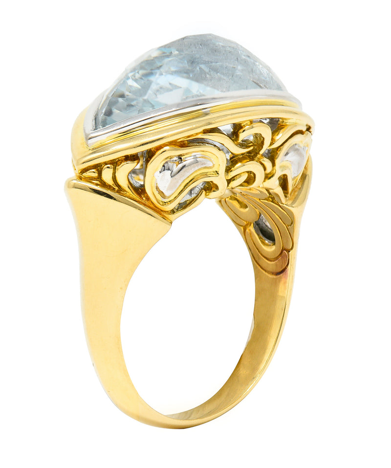 John Hardy Contemporary Navette Cut Aquamarine 18 Karat Two-Tone Gold Cocktail Ring Wilson's Estate Jewelry