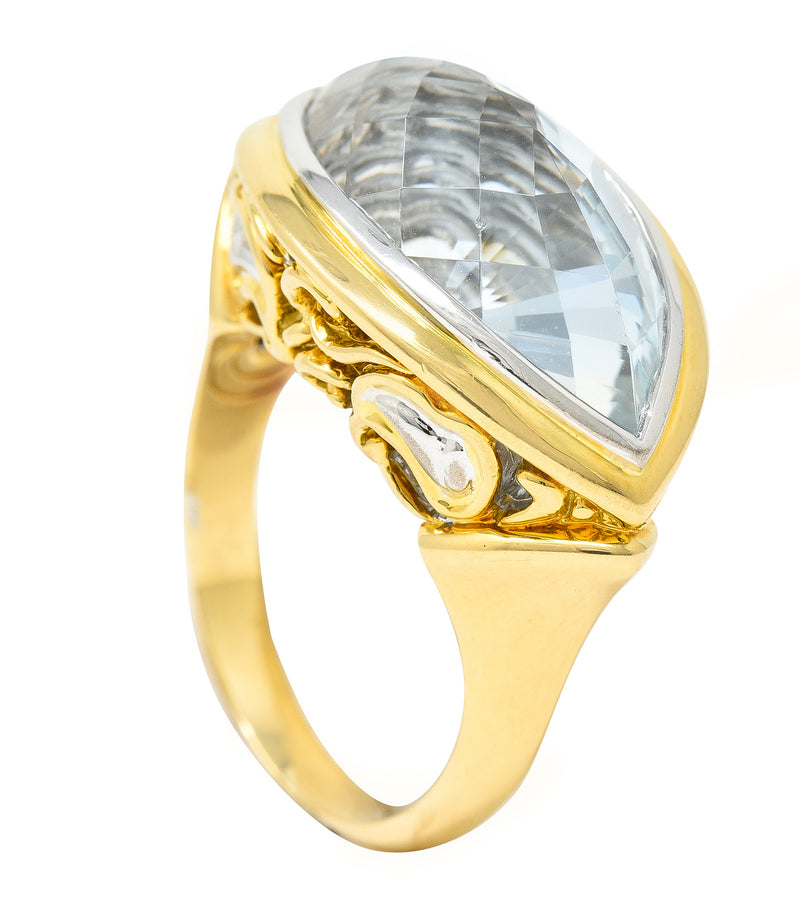 John Hardy Contemporary Navette Cut Aquamarine 18 Karat Two-Tone Gold Cocktail Ring Wilson's Estate Jewelry