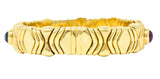 Bulgari 1980's Ruby Sapphire Emerald Cabochon 18 Karat Yellow Gold Tubogas Parentesi Vintage Cuff Bracelet Wilson's Estate Jewelry