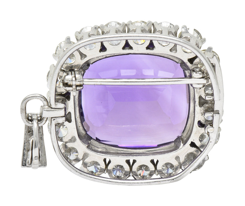 1950's Mid-Century Amethyst Diamond Platinum Cluster Enhancer Pendant Brooch Necklace Wilson's Estate Jewelry