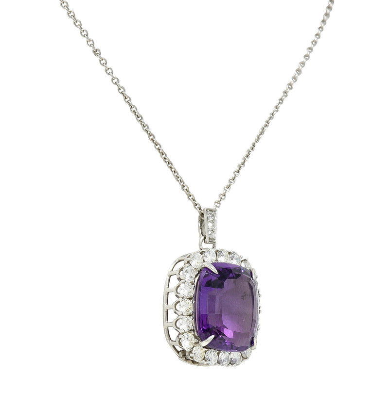 1950's Mid-Century Amethyst Diamond Platinum Cluster Enhancer Pendant Brooch Necklace Wilson's Estate Jewelry