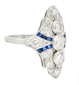 Art Deco 2.45 CTW Old European Cut Diamond French Cut Sapphire Platinum Navette Wheat Dinner Ring Wilson's Estate Jewelry