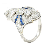 Art Deco 2.45 CTW Old European Cut Diamond French Cut Sapphire Platinum Navette Wheat Dinner Ring Wilson's Estate Jewelry