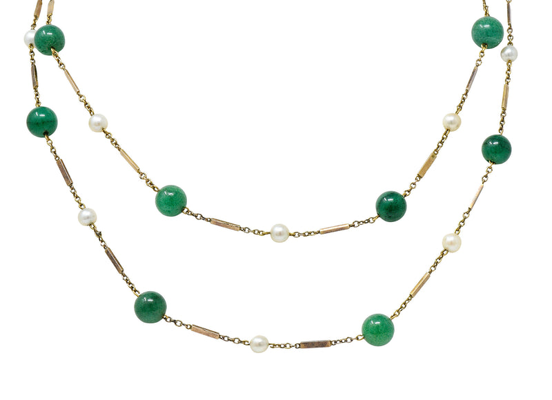 1960's Vintage Pearl Aventurine 14 Karat Gold 62 Inch Long Station NecklaceNecklace - Wilson's Estate Jewelry
