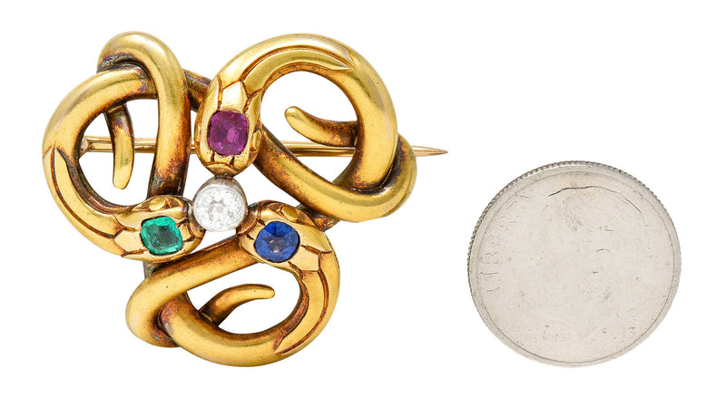 French Victorian Emerald Diamond Sapphire Ruby 18 Karat Gold Snake BroochBrooch - Wilson's Estate Jewelry