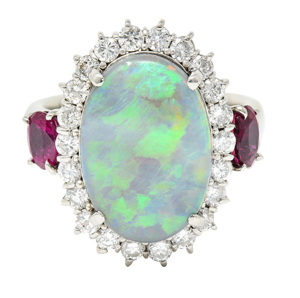 Contemporary 6.74 CTW Opal Diamond Ruby Platinum Halo Cluster Ring Wilson's Estate Jewelry