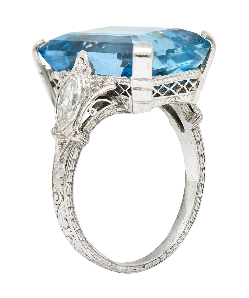 Art Deco 11.67 CTW Aquamarine Diamond Platinum Cocktail Ring Wilson's Estate Jewelry