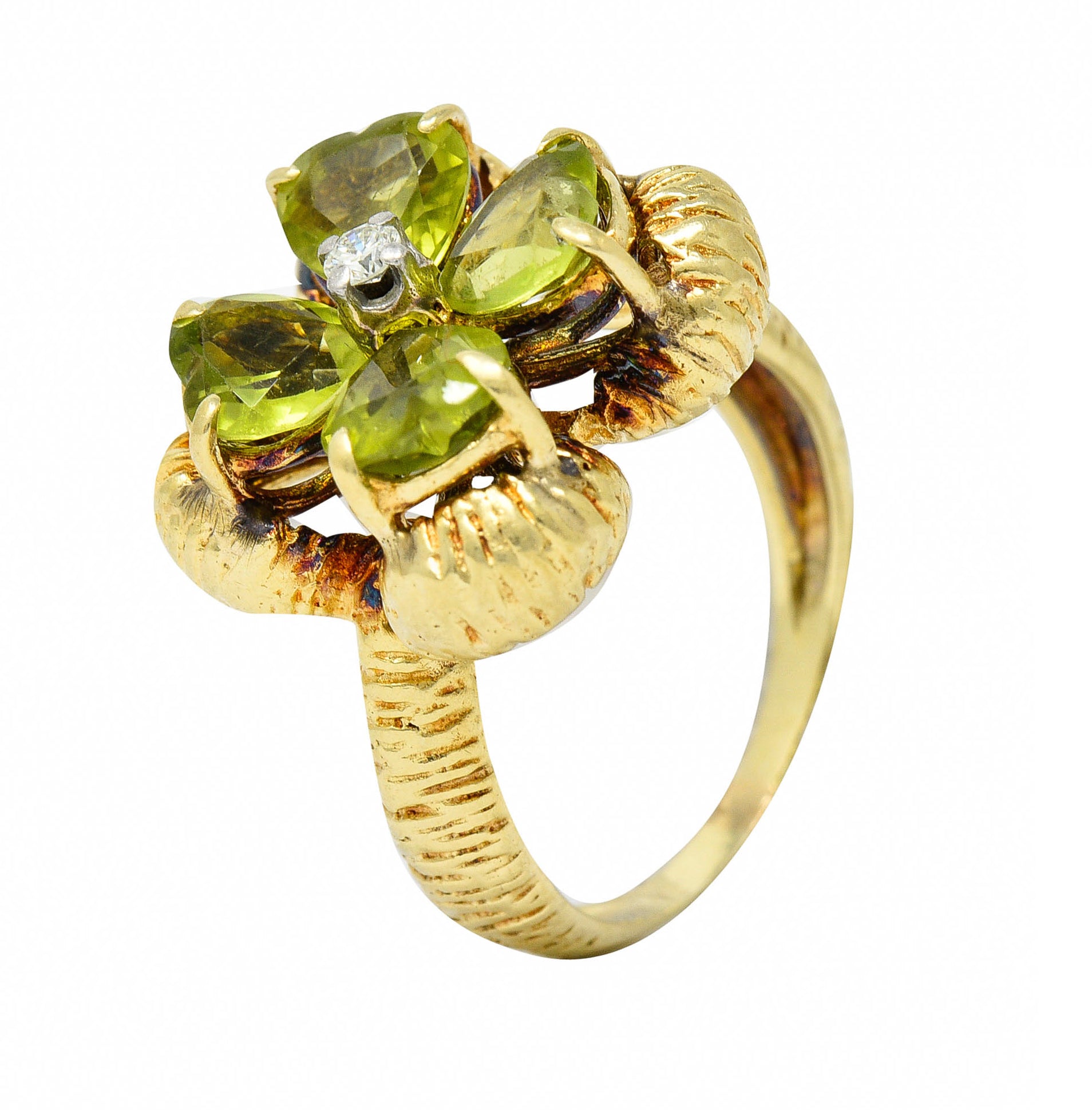 David Trabich 1980's Vintage 2.90 CTW Peridot Diamond 14 Karat Gold Clover RingRing - Wilson's Estate Jewelry
