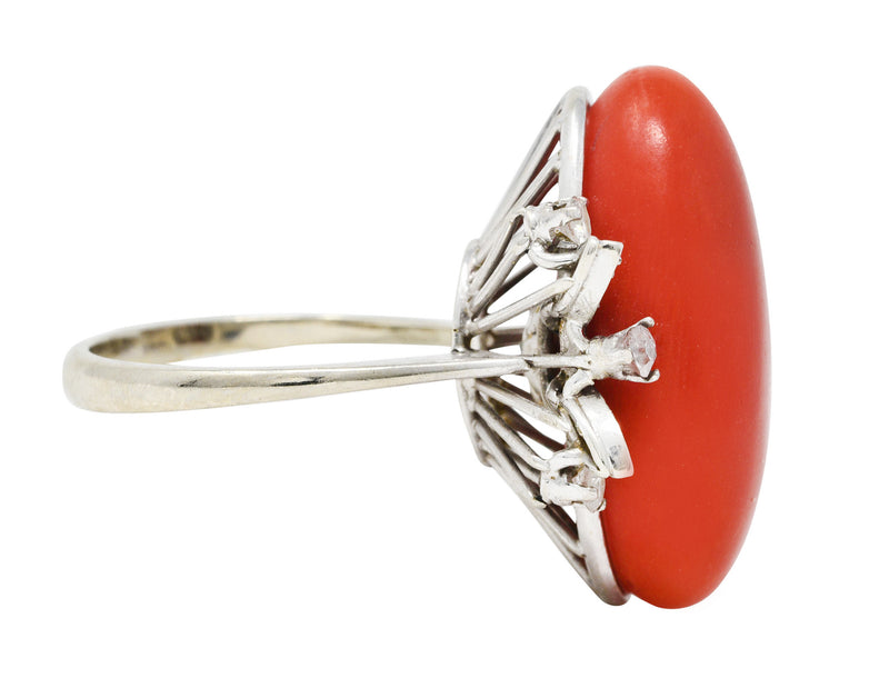1950's Mid-Century Red Coral Diamond 18 Karat White Gold Cocktail RingRing - Wilson's Estate Jewelry
