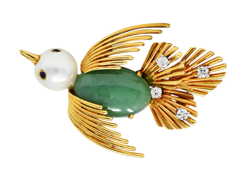 Ruser Jade Pearl Diamond Sapphire Platinum 18 Karat Gold Bird Brooch Circa 1960Brooch - Wilson's Estate Jewelry