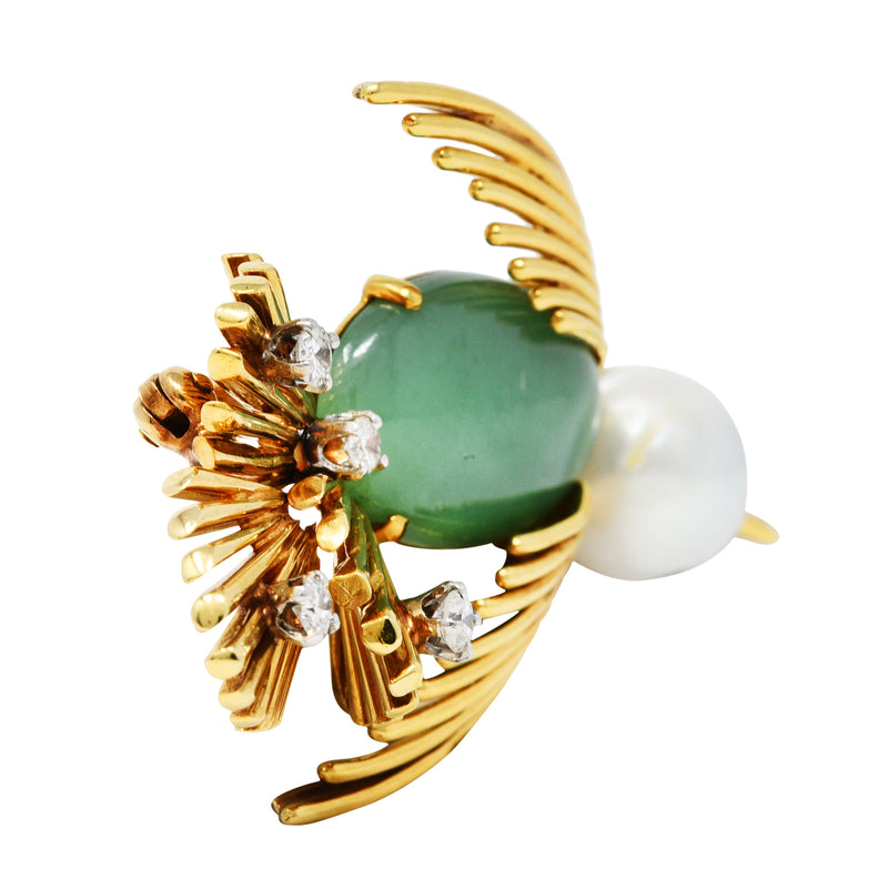 Ruser Jade Pearl Diamond Sapphire Platinum 18 Karat Gold Bird Brooch Circa 1960Brooch - Wilson's Estate Jewelry