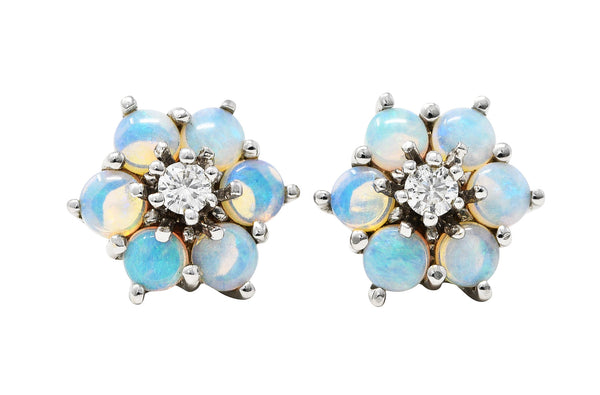 Cluster Diamond Opal 14 Karat White Gold Flower Stud EarringsEarrings - Wilson's Estate Jewelry