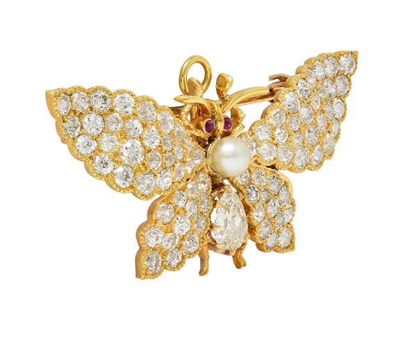 Victorian Diamond Ruby Pearl 18 Karat Gold Antique Butterfly Pendant Brooch