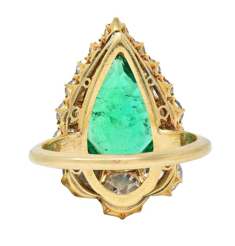 Late Victorian 5.34 CTW Pear Colombian Emerald Diamond 18 Karat Gold Ring AGL