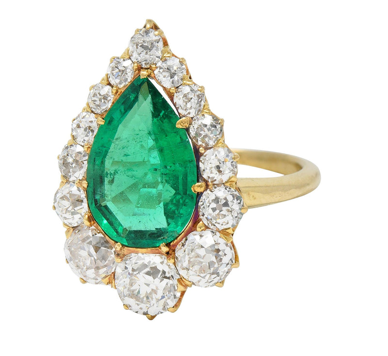 Late Victorian 5.34 CTW Pear Colombian Emerald Diamond 18 Karat Gold Ring AGL