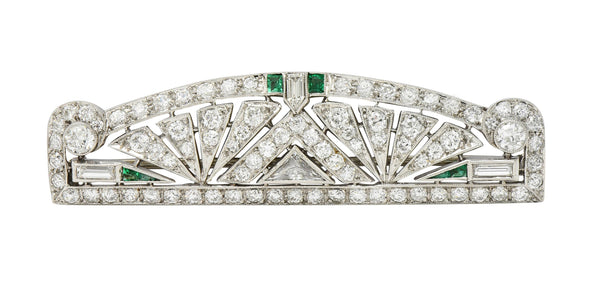 Art Deco 3.22 CTW Emerald Diamond Platinum Streamline Geometric Unisex Brooch