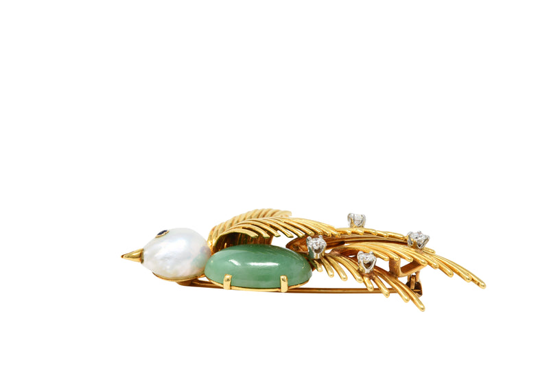 Ruser Jade Baroque Pearl Diamond Sapphire Platinum 18 Karat Gold Bird Brooch Circa 1960Brooch - Wilson's Estate Jewelry