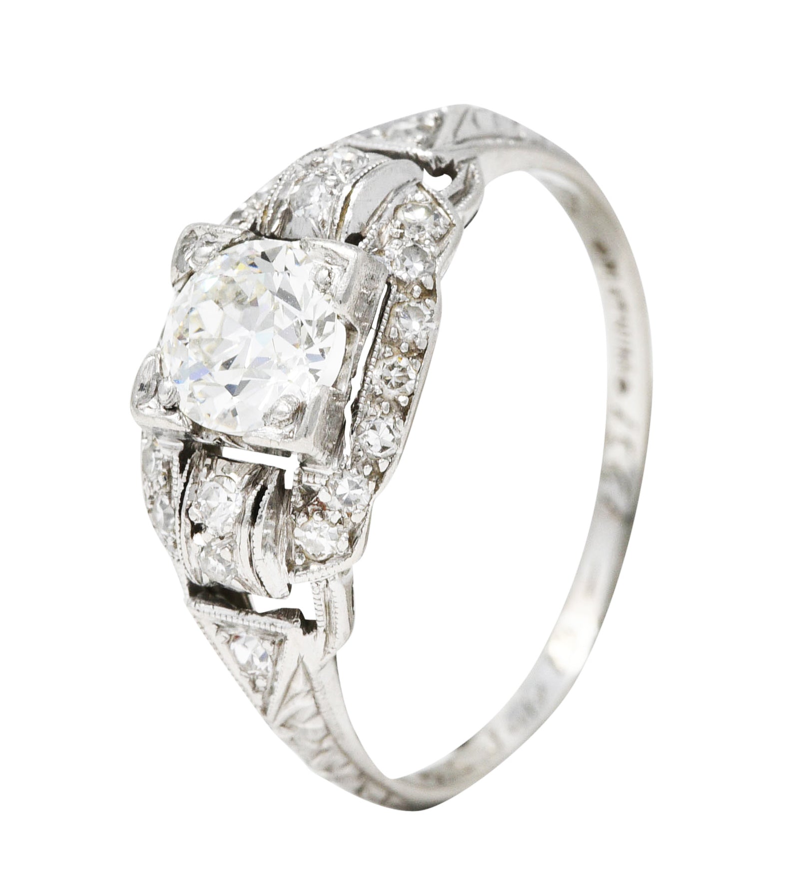 Katz & Ogush Art Deco 0.80 CTW Diamond Platinum Buckle Engagement Ring Wilson's Estate Jewelry