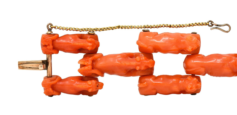Early Victorian Carved Coral 14 Karat Gold Animal Link Antique Bracelet
